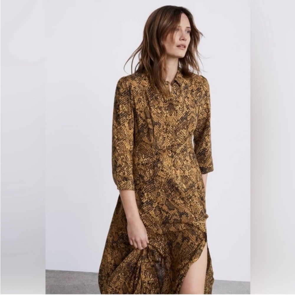 Zara Mustard & Black Printed Maxi python animal print shirt dress USA small